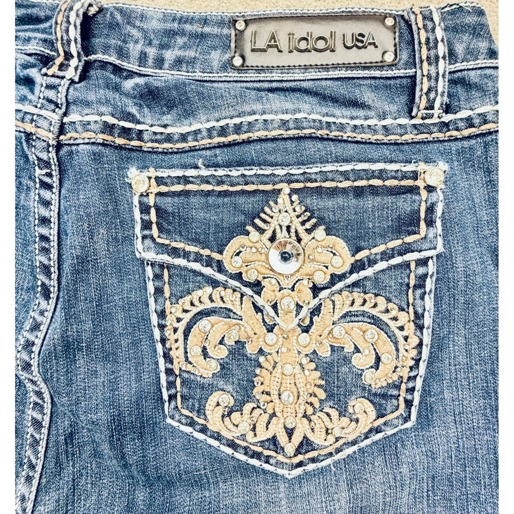 LA Idol USA Womens Bootcut Jeans Size 19 Medium Wash Fleur De Lis Rhinestone Y2K